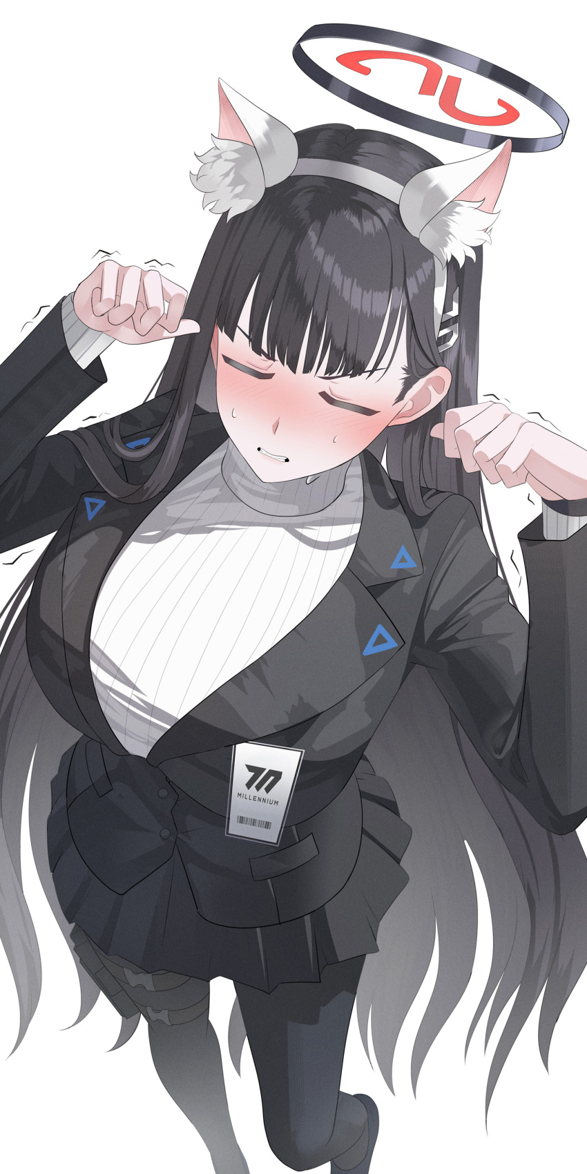 1girl, absurdres, animal_ears, black_footwear, black_hair, black_jacket, black_skirt, blue_archive