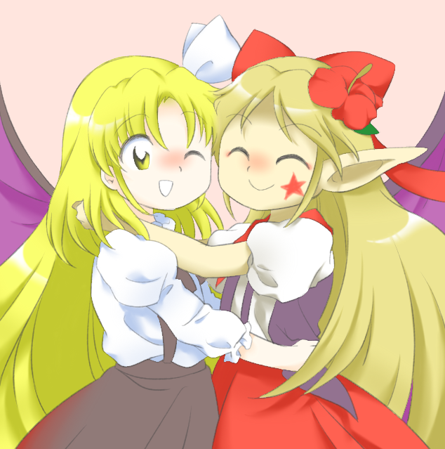 2girls, ;d, ^_^, bat_wings, black_skirt, blonde_hair, bow, closed_eyes