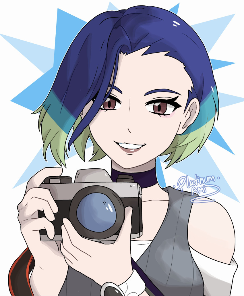 1girl, artist_name, bare_shoulders, black_choker, black_shirt, blue_hair, bob_cut, breasts, brown_eyes, camera, choker, collarbone, crop_top, gradient_hair, grey_shirt, highres, holding, holding_camera, loose_hair_strand, multicolored_hair, perrin_(pokemon), platinum_ami, pokemon, pokemon_sv, ribbed_shirt, shirt, sleeveless, sleeveless_shirt, solo, undershirt, v-neck, watch, watch