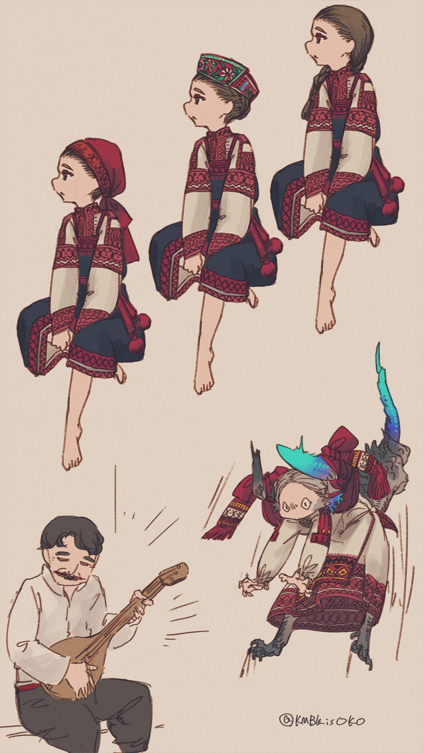 1boy, 1girl, 2girls, animal_ears, animal_legs, asymmetrical_horns, barefoot, black_hair