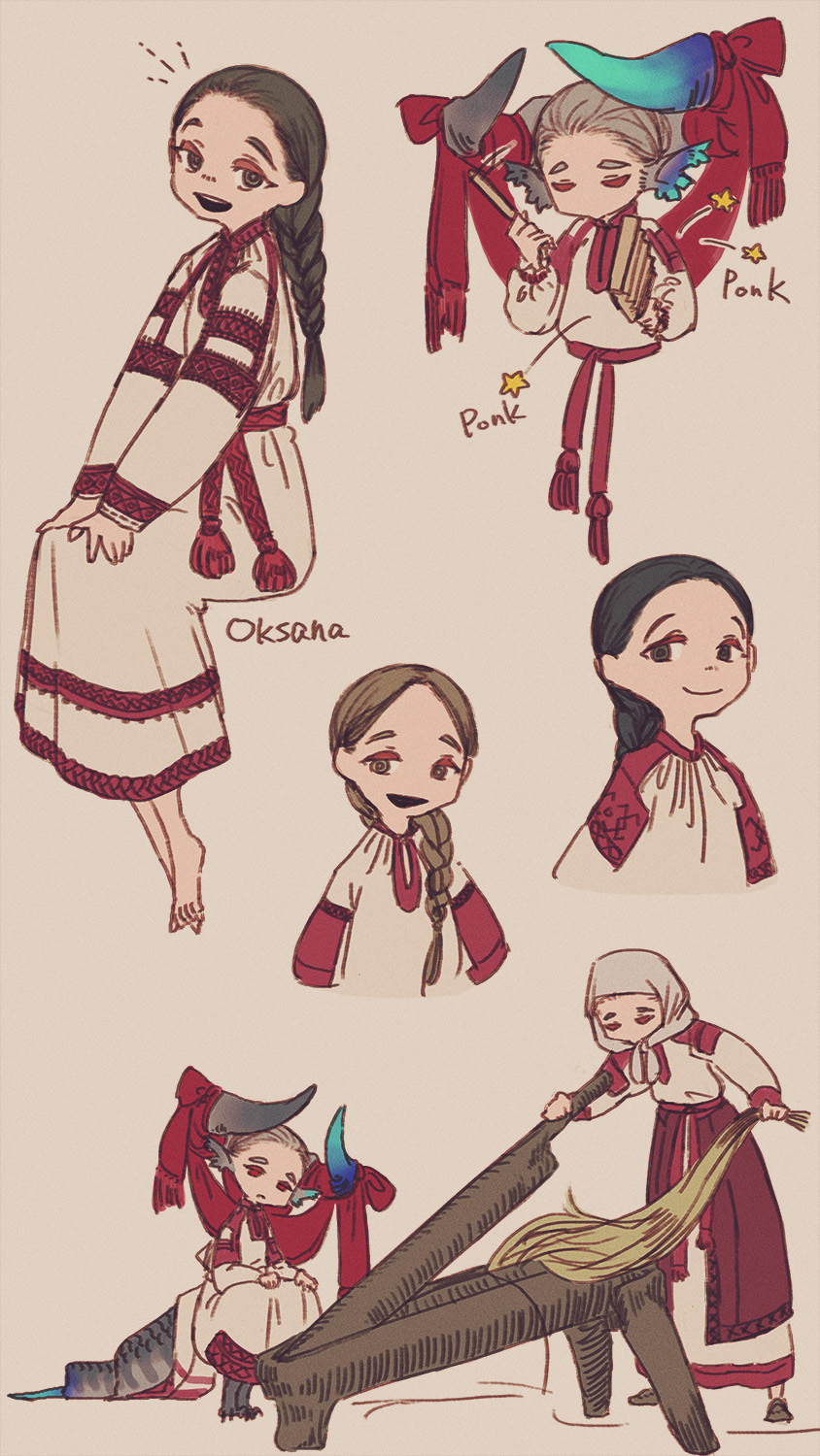 :d, animal_ears, animal_legs, asymmetrical_horns, barefoot, black_hair, blue_horns, braid, braided_ponytail, brown_eyes, brown_hair, closed_eyes, clothing_request, cropped_torso, curled_horns, cutting, dragon_girl, dragon_horns, dragon_tail, dress, drumsticks, eyeshadow, grey_hair, grey_horns, hair_over_shoulder, head_tilt, headdress, highres, holding, holding_drumsticks, holding_instrument, hood, hood_up, horn_ornament, horn_ribbon, horns, instrument, instrument_request, invisible_chair, kmbk, long_hair, long_sleeves, looking_at_viewer, makeup, mismatched_horns, multicolored_horns, multiple_girls, music, original, playing_instrument, red_eyes, red_ribbon, ribbon, robe, short_hair, simple_background, single_braid, sitting, smile, squatting, standing, star_(symbol), tail, white_dress, white_robe