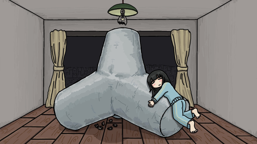 1girl, barefoot, black_hair, blue_jacket, blue_pants, blunt_bangs, broken_glass, ceiling_light