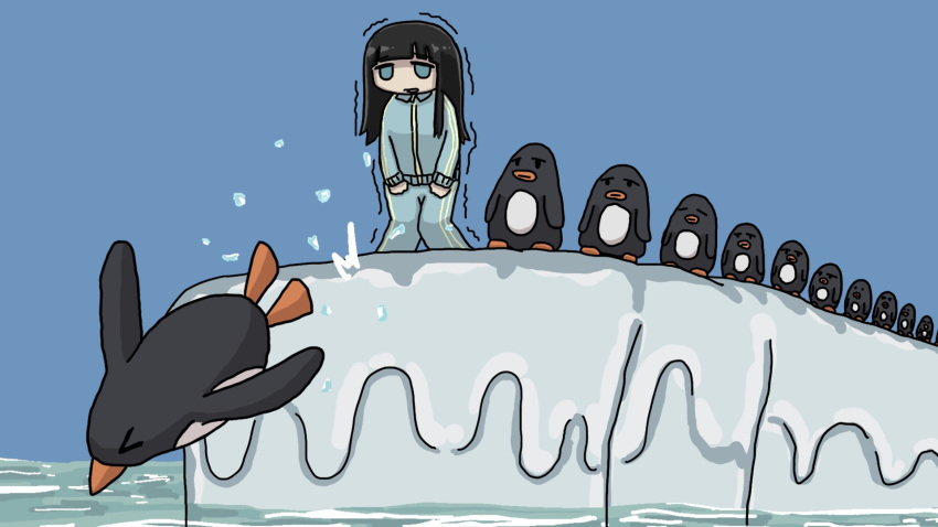 >_<, 1girl, bird, black_hair, blue_background, blue_eyes, blue_jacket, blue_pants
