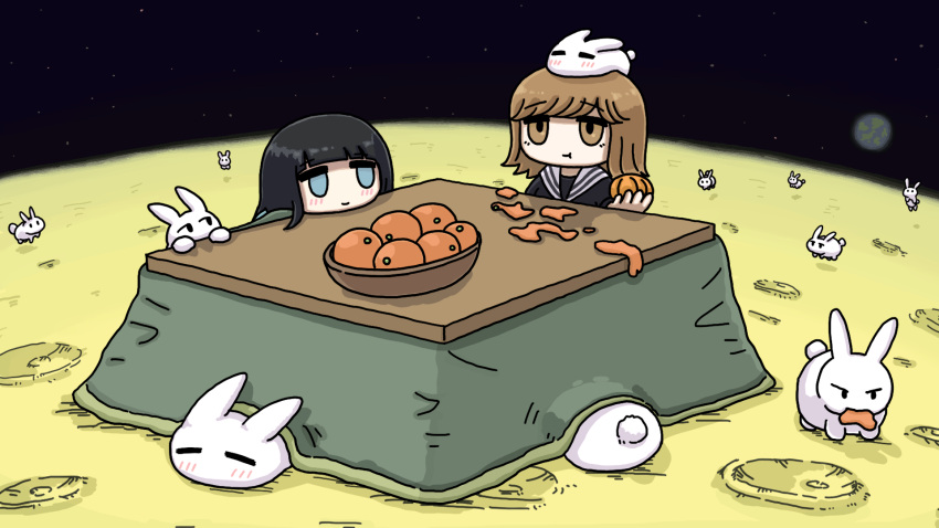2girls, animal_on_head, black_hair, blue_eyes, blunt_bangs, bowl, brown_eyes, brown_hair, earth_(planet), eating, food, fruit, fuchina_(fucinami), funo-chan_(fuchina), highres, holding, holding_food, holding_fruit, kotatsu, long_hair, mandarin_orange, multiple_girls, on_head, on_moon, orange_peel, original, outdoors, planet, rabbit, shimau-chan_(fuchina), short_hair, smile, table, too_many, too_many_rabbits, under_kotatsu, under_table, white_rabbit_(animal)