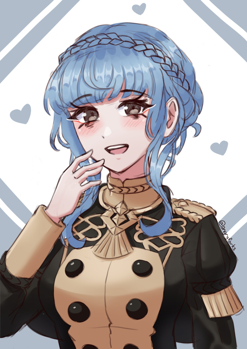 1girl, absurdres, angryforks, artist_name, blue_hair, braid, brown_eyes, buttons