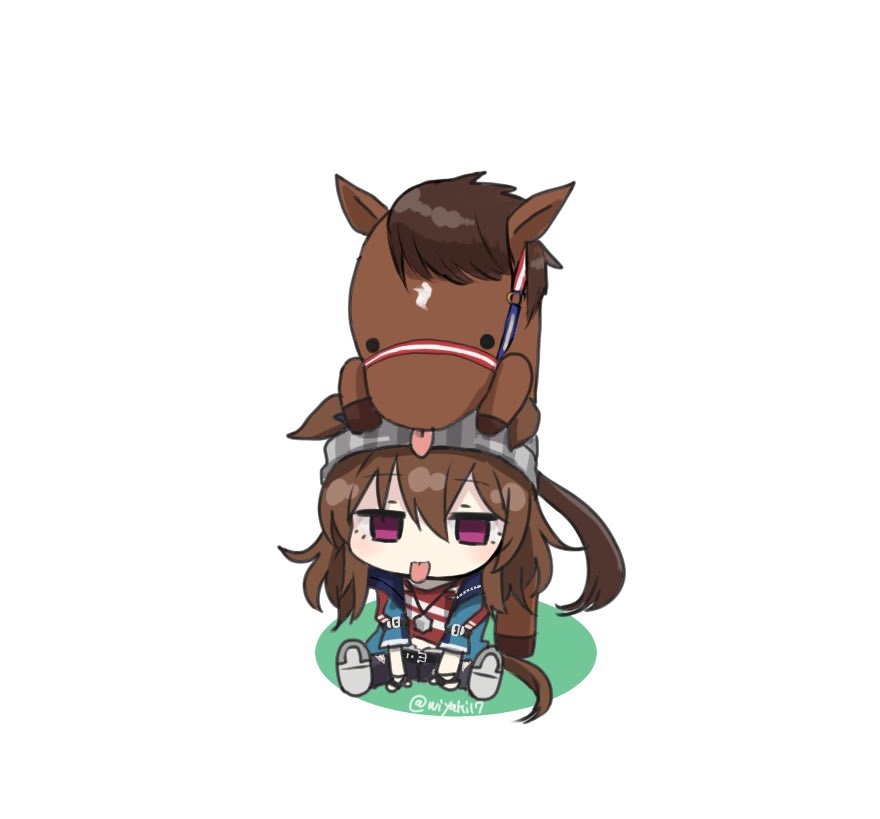 1girl, animal_ears, beanie, black_pants, blue_jacket, bridle, brown_hair, candy
