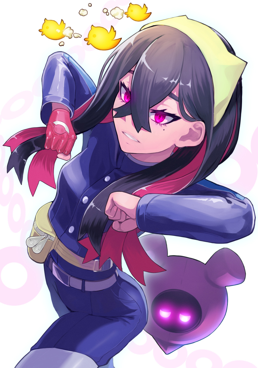 1girl, belt, belt_buckle, black_hair, blue_jacket, blue_pants, body_control, buckle