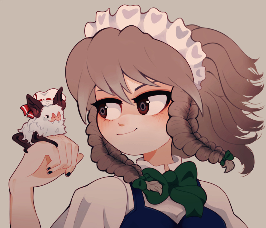 1girl, :3, animal, animal_on_hand, animalization, arm_up, bat_(animal), bat_on_hand