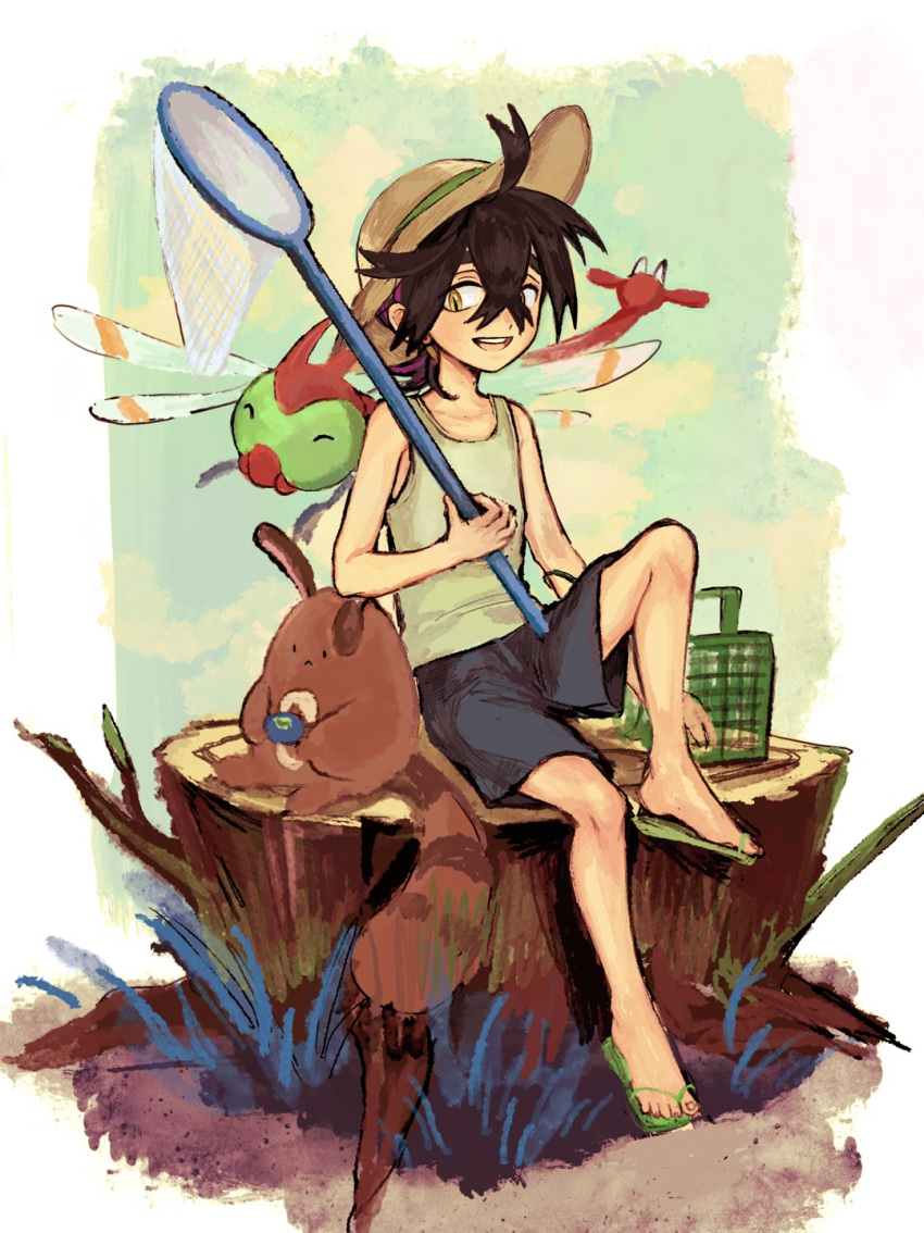 1boy, berry_(pokemon), black_hair, black_shorts, blue_sky, border, brown_fur, bug