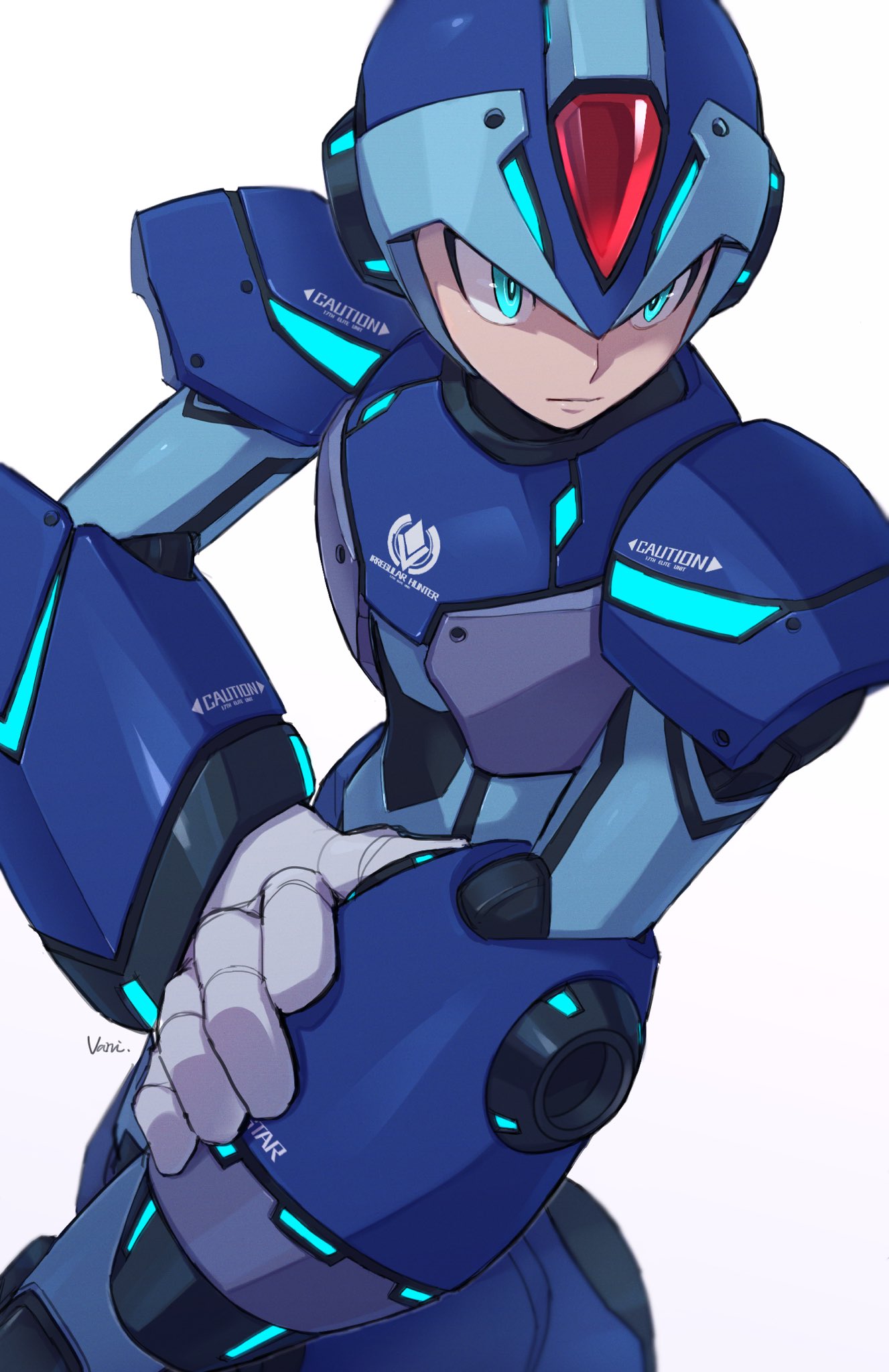 1boy, adapted_costume, arm_cannon, armor, blue_eyes, blue_headwear, forehead_jewel, helmet