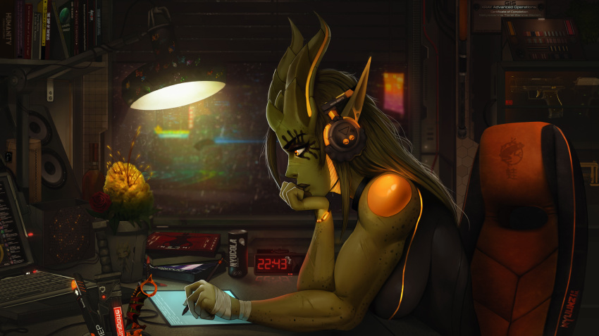 1girl, alarm_clock, alien, at_computer, biceps, bioluminescence, black_lips, body_freckles