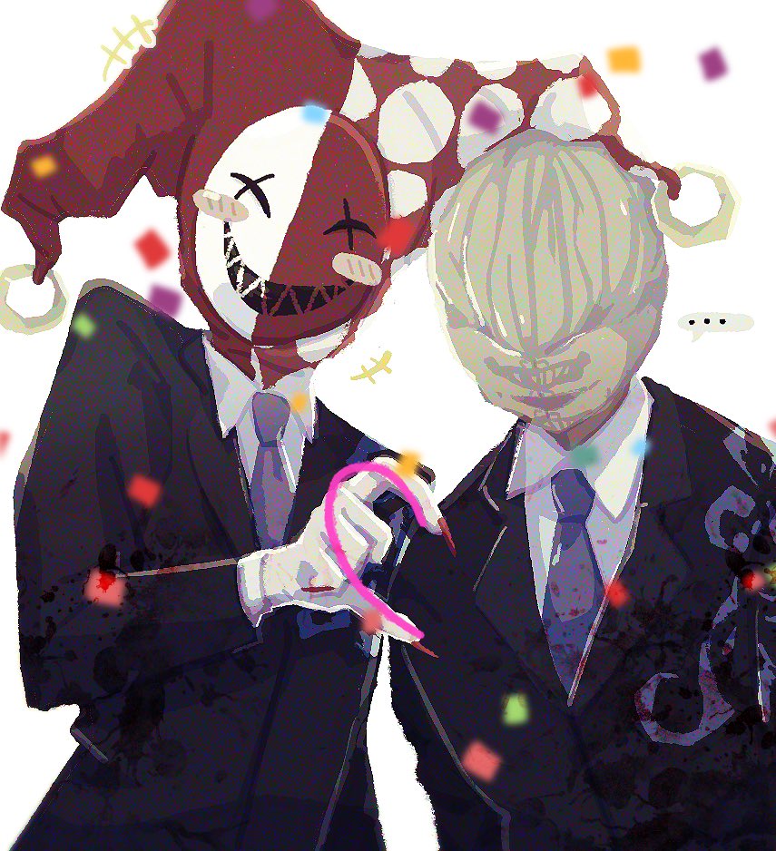 +++, 2boys, black_jacket, blue_necktie, blush, blush_stickers, collared_shirt, confetti