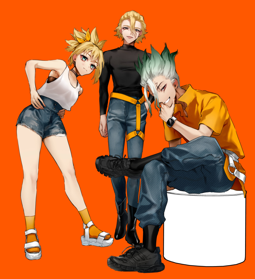 1girl, 2boys, absurdres, black_shirt, black_socks, blue_eyes, blue_pants, boots