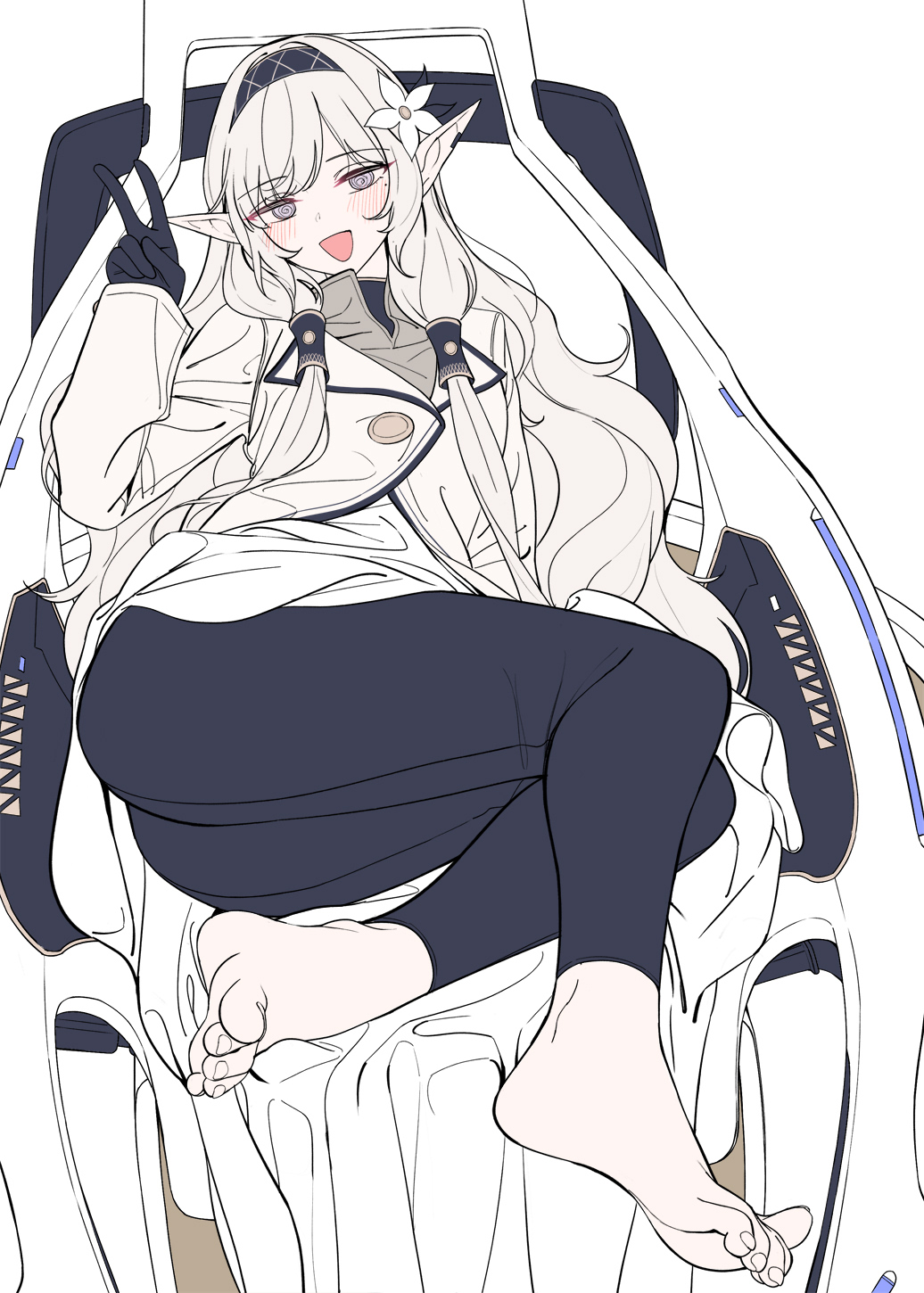 1girl, barefoot, black_gloves, black_hairband, black_leggings, blue_archive, blush, feet, flower, gloves, grey_halo, hair_flower, hair_ornament, hairband, halo, highres, himari_(blue_archive), jacket, knees_together_feet_apart, leggings, legs, long_hair, long_sleeves, looking_at_viewer, nakamura_rohane, open_mouth, pointy_ears, powered_wheelchair, simple_background, sketch, soles, solo, toenails, toes, unfinished, v, violet_eyes, wheelchair, white_background, white_flower, white_hair, white_jacket