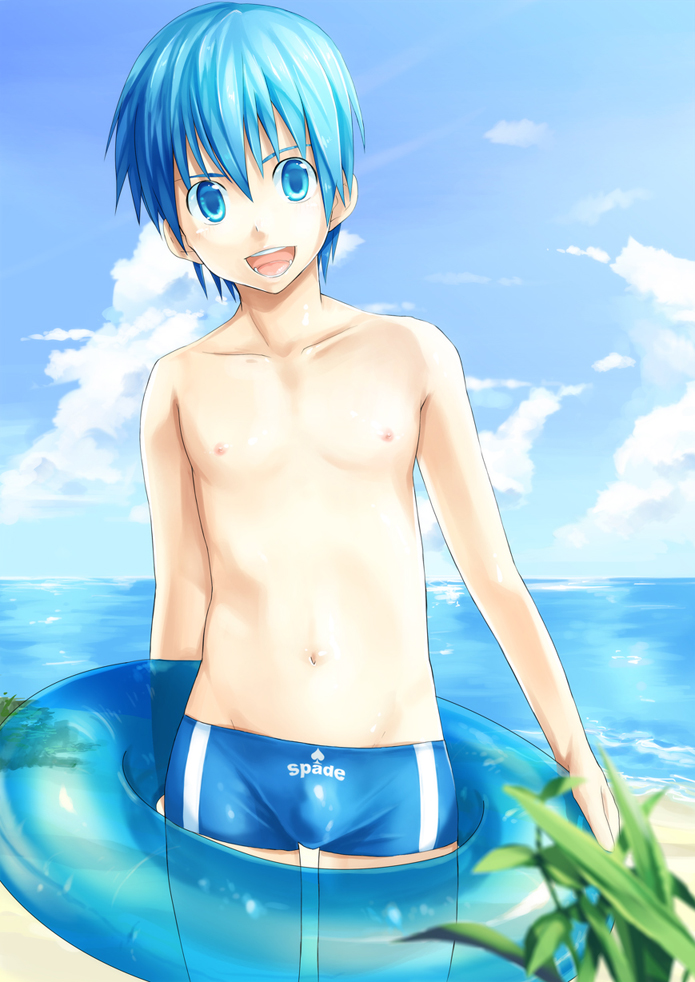beach, blue_eyes, blue_hair, bulge, innertube, kyouta_(a01891226), male, original, short_hair, solo, swim_trunks, swimsuit