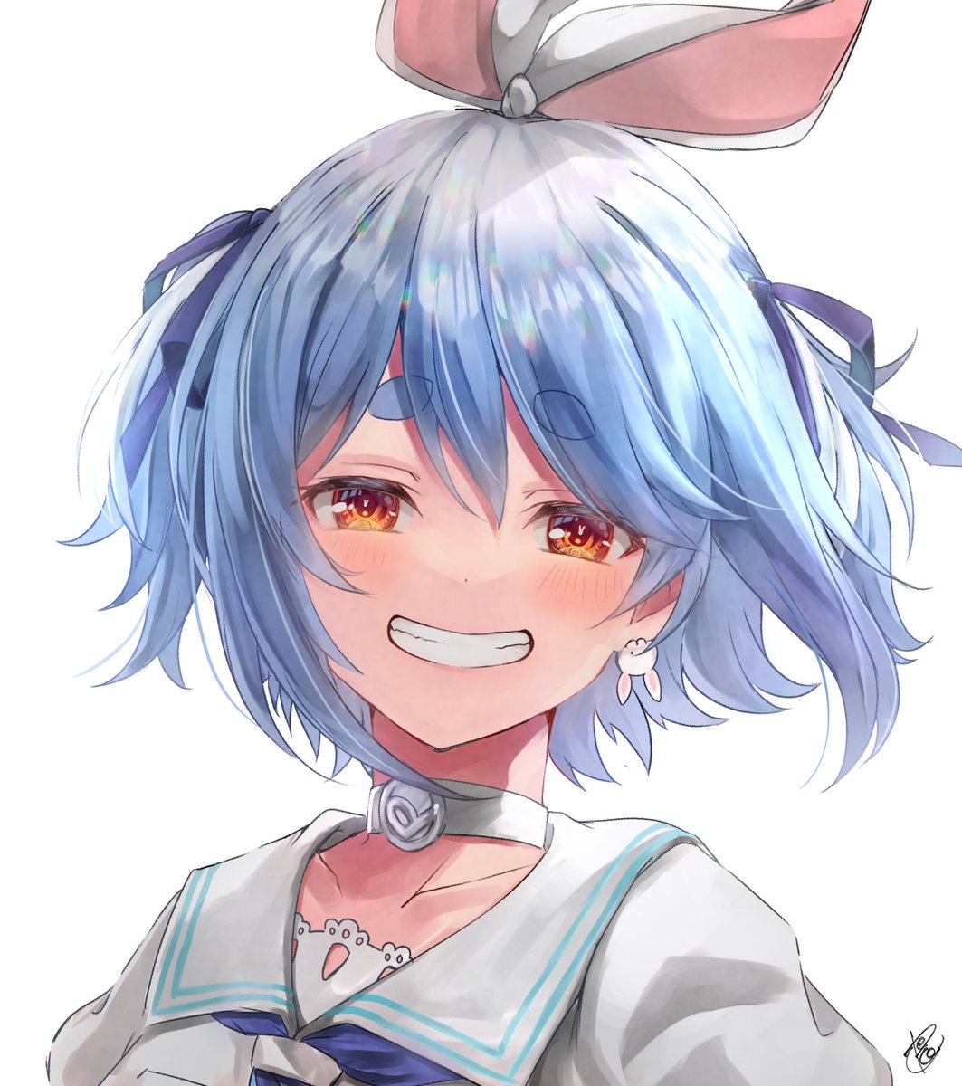 1girl, blue_hair, blue_ribbon, brown_eyes, choker, earrings, grin, hair_ribbon