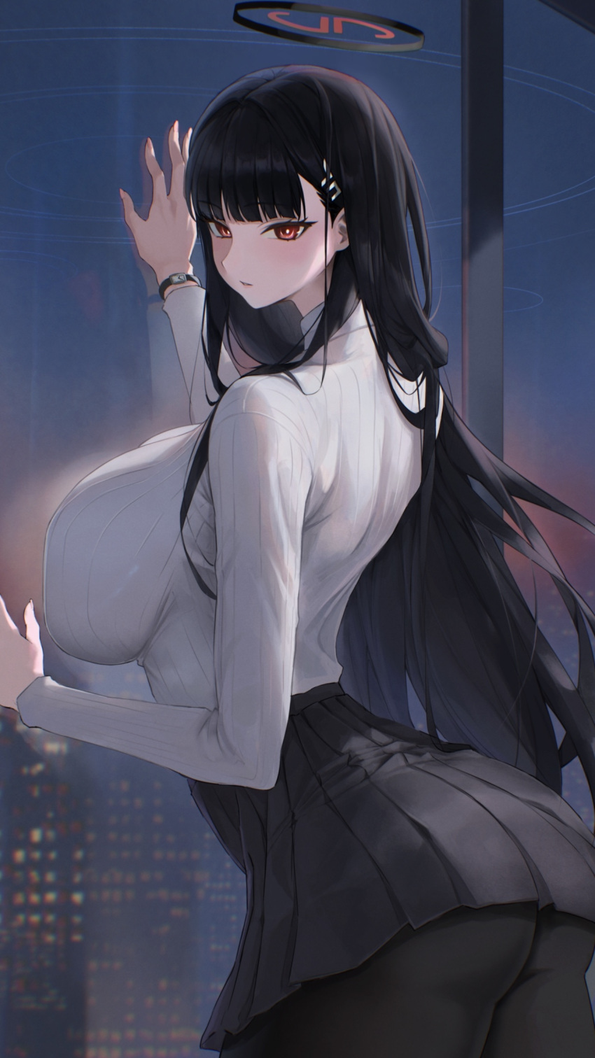 1girl, against_glass, black_pantyhose, black_skirt, blue_archive, breasts, highres, large_breasts