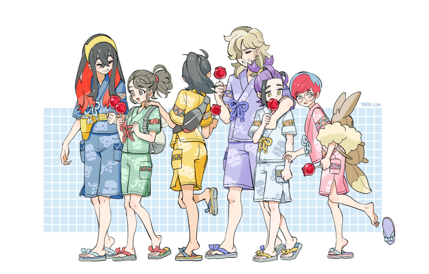 2boys, 4girls, :d, arven_(pokemon), backpack, bag, blue_shirt, blue_shorts