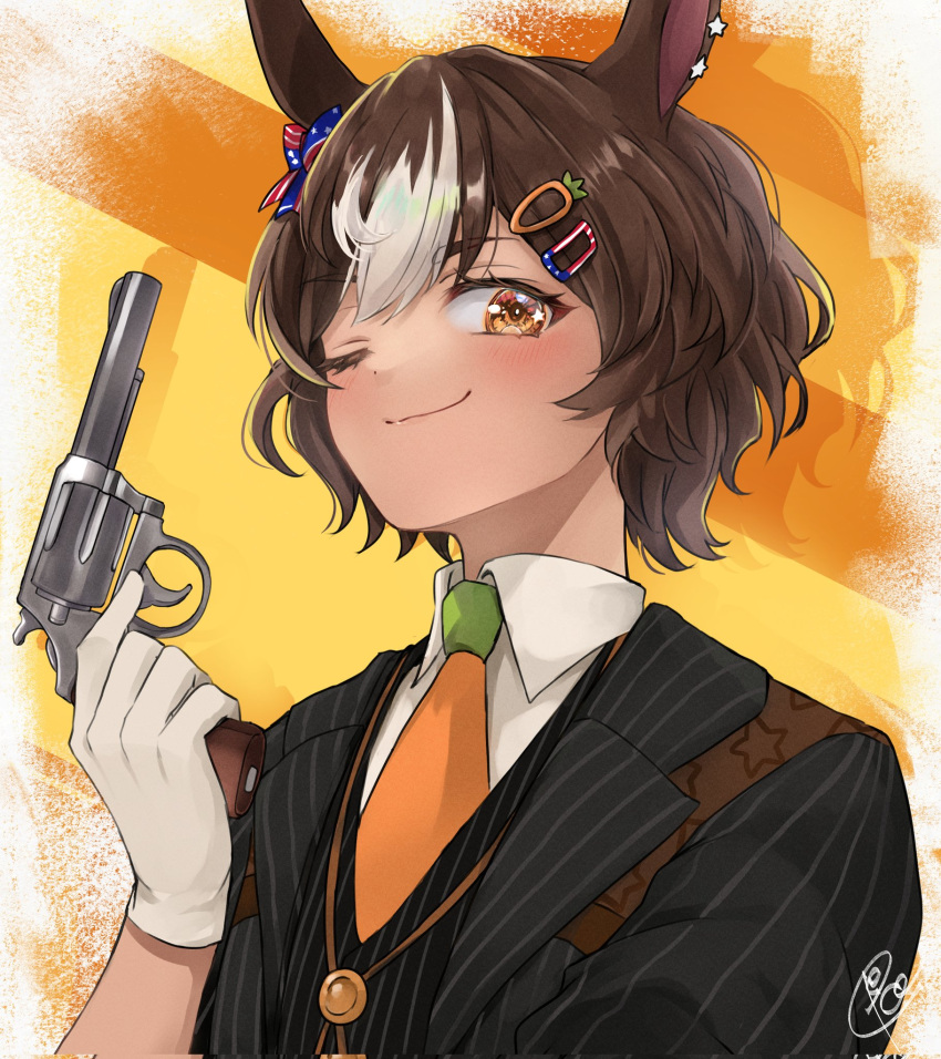 animal_ears, black_suit, brown_eyes, brown_hair, closed_mouth, collared_shirt, commission, gloves