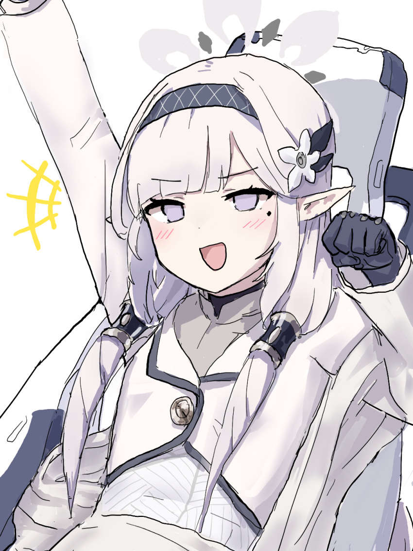 1girl, :d, black_gloves, black_hairband, black_halo, blue_archive, cheering, clenched_hand