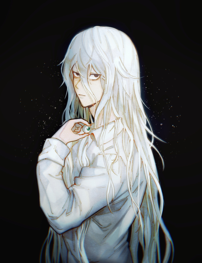 1boy, aged_up, alternate_hair_length, alternate_hairstyle, araken, black_background, black_eyes, death_note