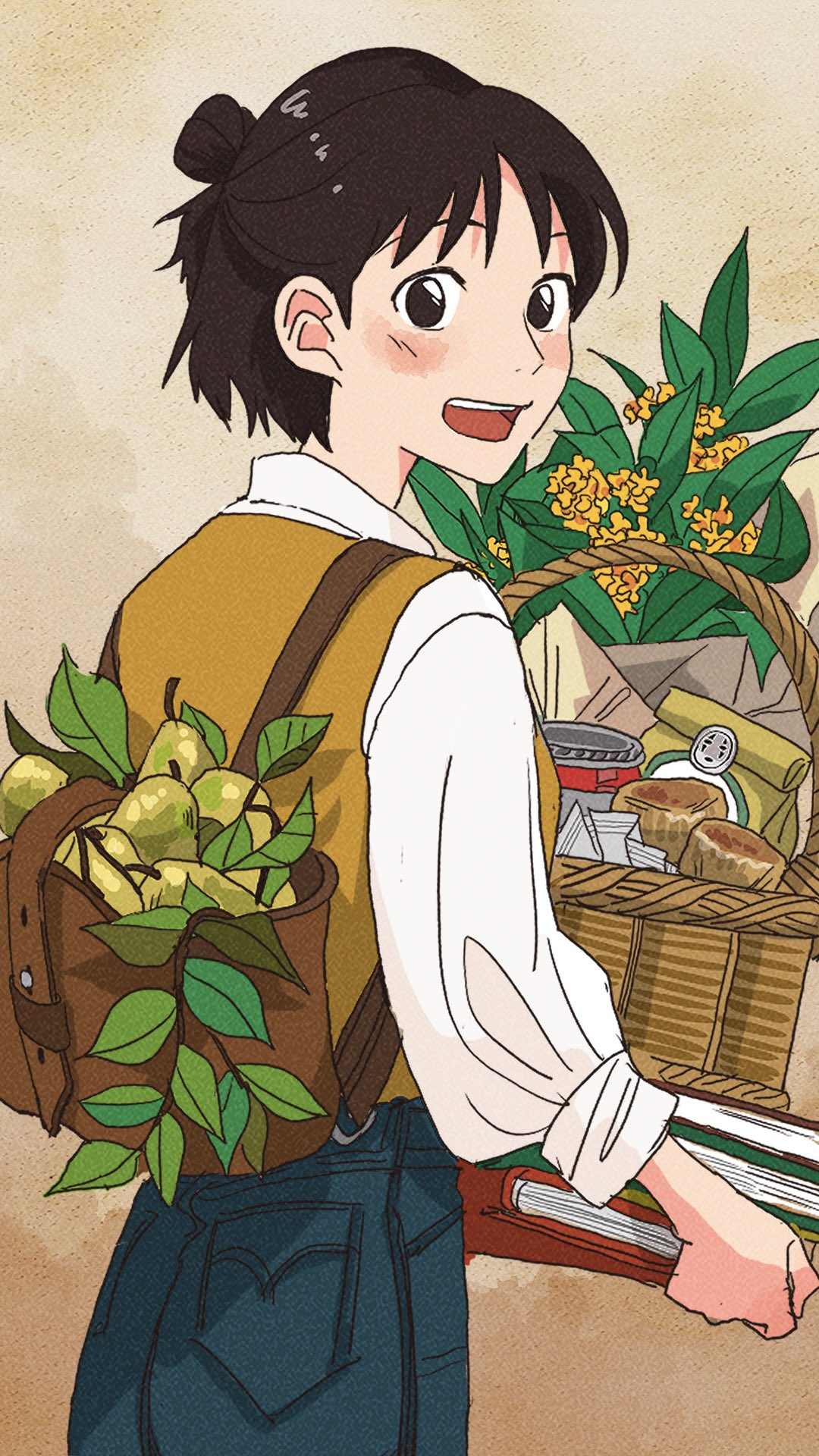 1girl, :d, backpack, bag, basket, book, book_stack, bouquet