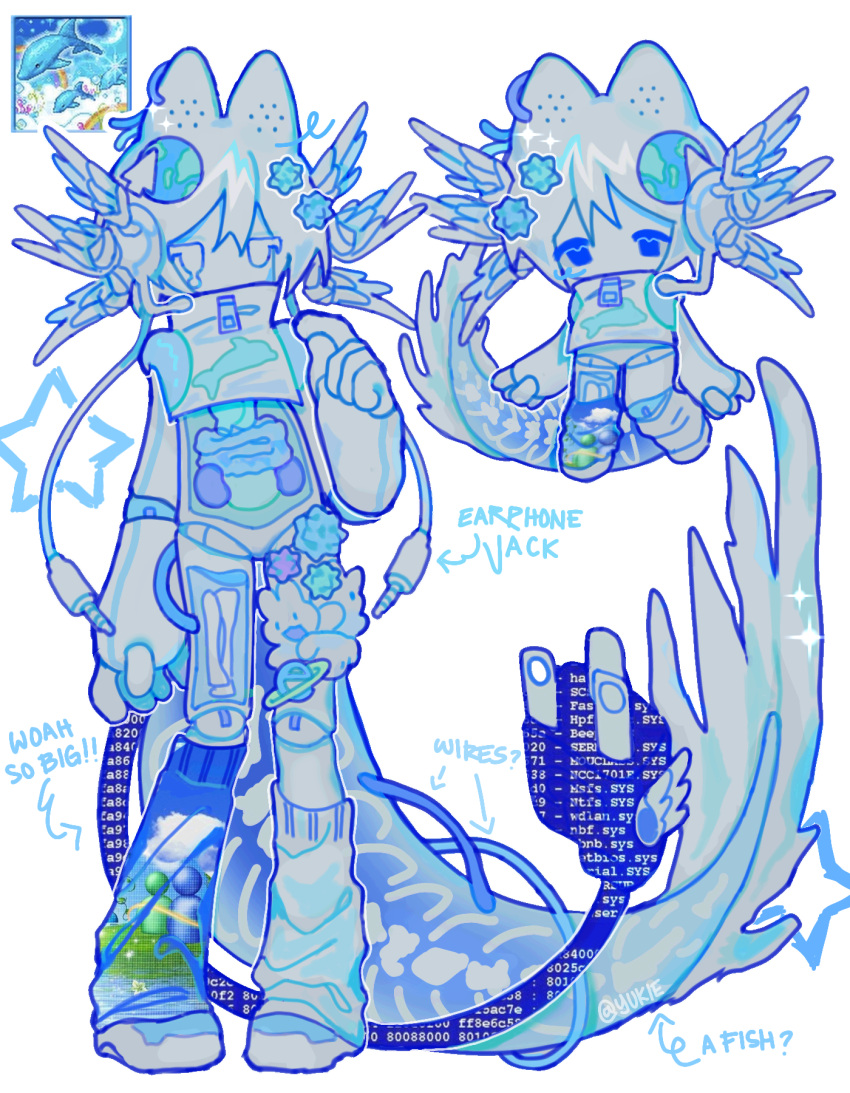 1other, animal_ears, audio_jack, blue_theme, chibi, commentary, cursor, dolphin_print