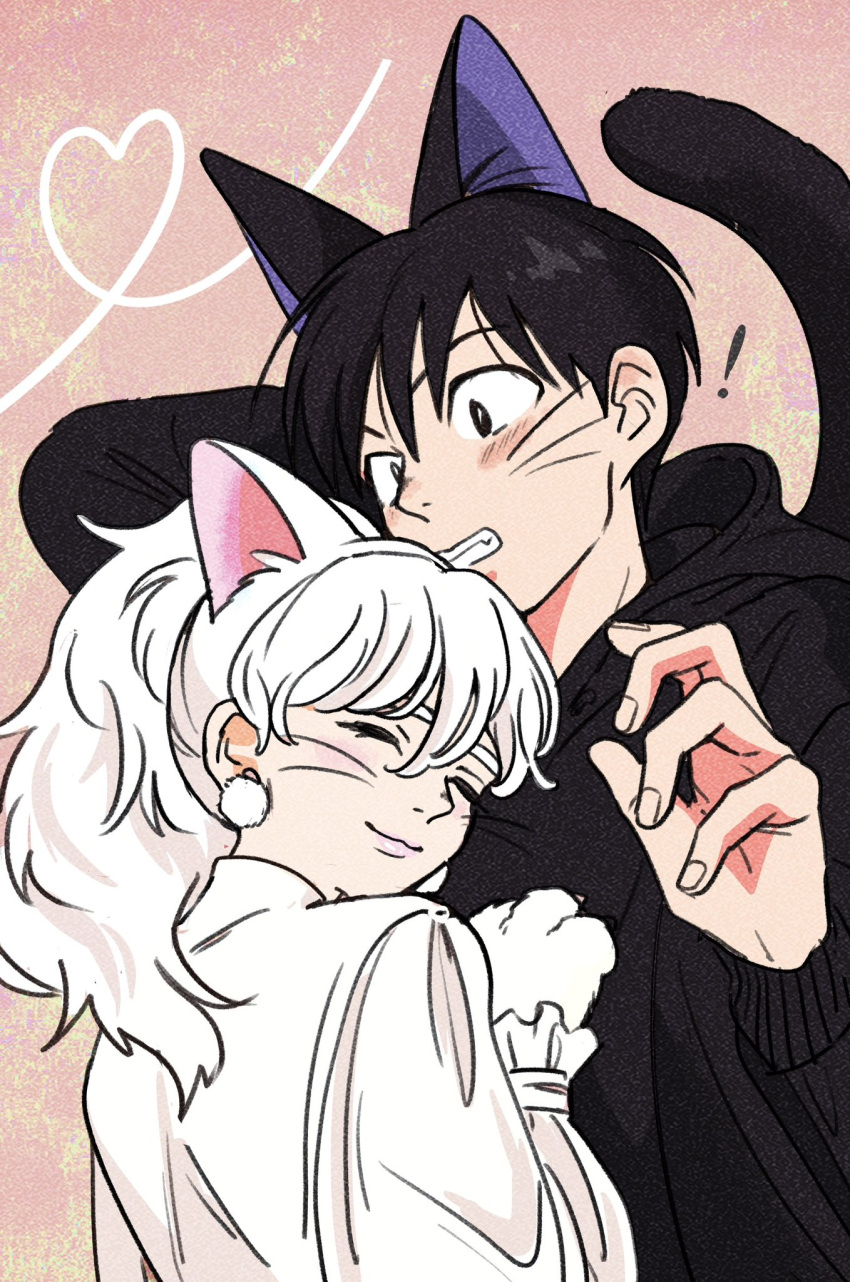 !, 1boy, 1girl, animal_ears, animal_hands, arm_behind_head, black_hair, black_hoodie