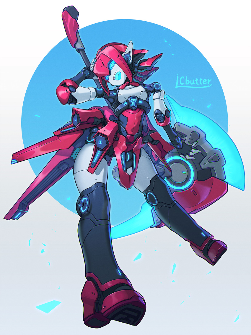 1girl, axe, batayu, blue_eyes, blue_mouth, blue_sclera, colored_sclera, highres, holding, holding_axe, huge_weapon, joints, looking_at_viewer, open_mouth, original, robot_girl, robot_joints, signature, solo, teeth, upper_teeth_only, weapon