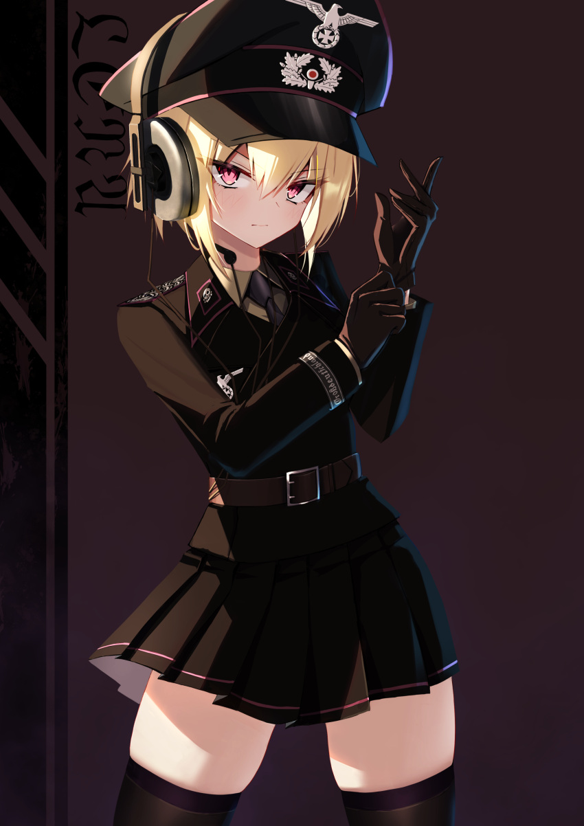 1girl, absurdres, adjusting_clothes, adjusting_gloves, belt, blonde_hair, brown_gloves, cross