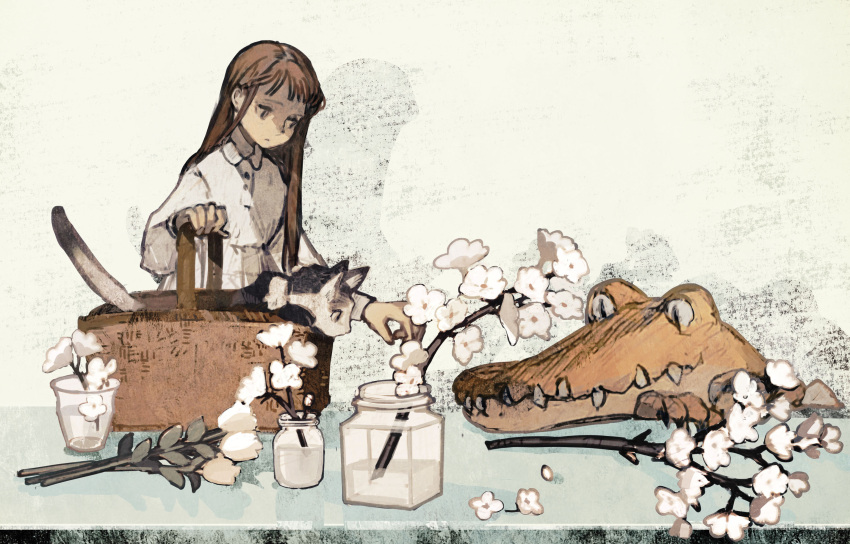 basket, brown_hair, cat, closed_mouth, conical_teeth, croco_zigmond, crocodile, crocodilian