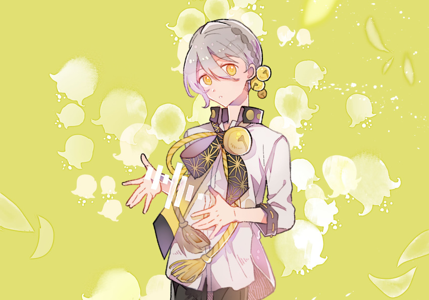 1boy, :o, androgynous, artist_request, asa_no_ha_(pattern), asymmetrical_sidelocks, bell, black_necktie