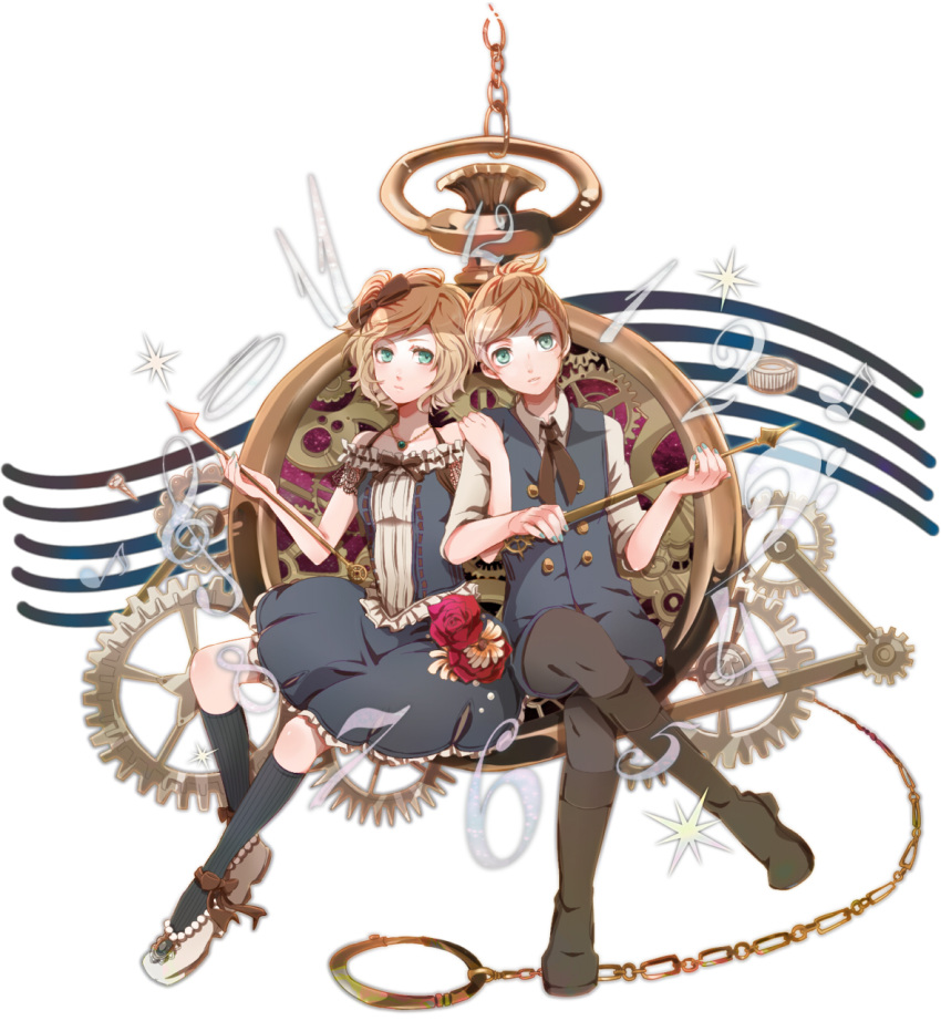 blonde_hair, boots, bow, brother_and_sister, crossed_legs, flower, gears, hair_bow, hair_ribbon, highres, jewelry, kagamine_len, kagamine_rin, necklace, pantyhose, pocket_watch, ribbon, rouki_isago, short_hair, siblings, sitting, socks, twins, victorian, vocaloid, watch