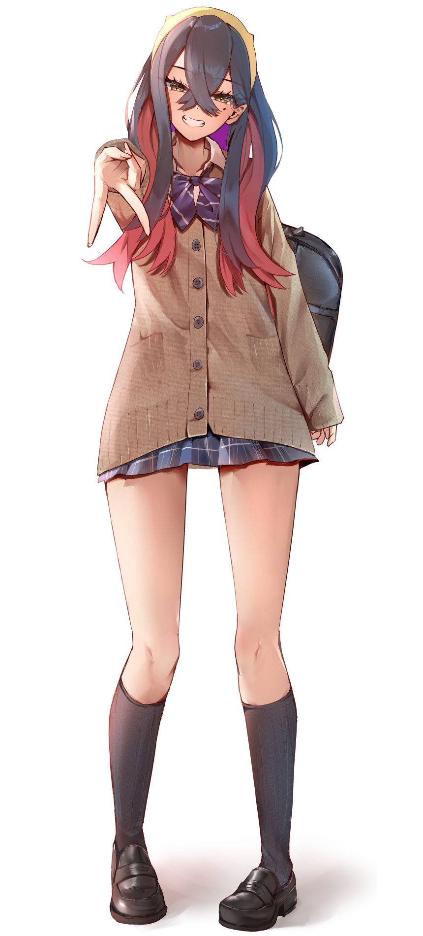 1girl, bag, black_footwear, black_hair, black_socks, bow, bowtie, cardigan