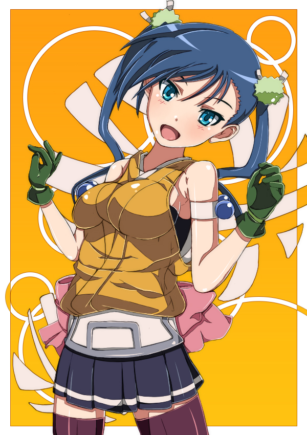 1girl, blue_eyes, blue_hair, breasts, gloves, green_gloves, hibachi_(mushibugyou), japanese_clothes