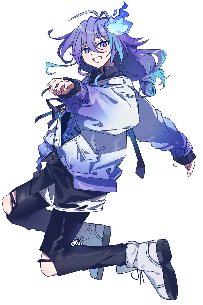 1boy, blush, creepyday, dynamic_pose, full_body, gradient_hoodie, hair_between_eyes, happy, highres, holostars, jumping, long_hair, long_sleeves, looking_at_viewer, male_focus, midair, minase_rio, minase_rio_(1st_costume), multicolored_hair, open_mouth, pants, purple_hair, sleeves_past_wrists, smile, solo, streaked_hair, torn_clothes, torn_pants, two-tone_hair, violet_eyes, virtual_youtuber, white_background, white_footwear