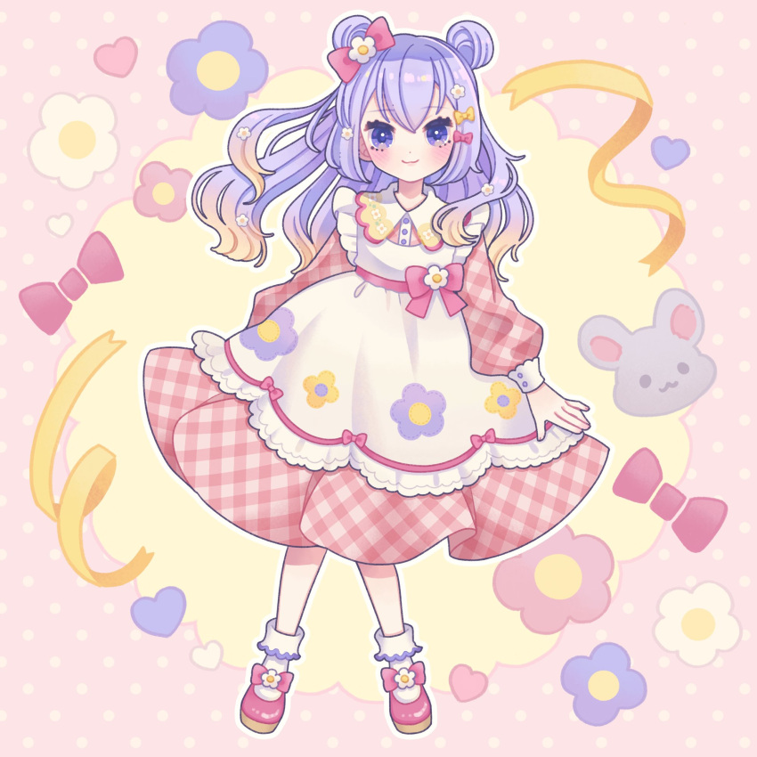 1girl, apron, blonde_hair, commission, double_bun, dress, full_body, gradient_hair, hair_bun, hanamori_natsumi, highres, indie_virtual_youtuber, long_hair, long_sleeves, multicolored_hair, pink_dress, pink_footwear, pinkmm, plaid, plaid_dress, skeb_commission, sleeve_cuffs, socks, solo, two_side_up, violet_eyes, white_apron, white_socks