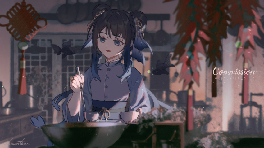 1girl, absurdres, aurenthel_(vtuber), black_hair, blue_eyes, blue_hair, chinese_clothes, commission