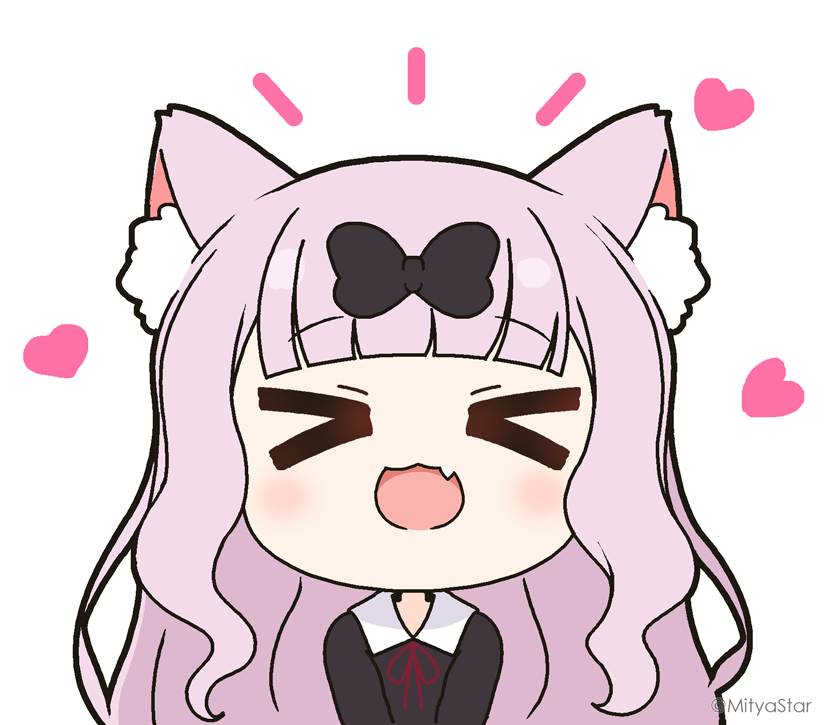 >_<, 1girl, :d, animal_ear_fluff, animal_ears, black_bow, black_dress, blush, bow, chibi, closed_eyes, collared_dress, commentary_request, dress, facing_viewer, fang, fujiwara_chika, hair_bow, heart, kaguya-sama_wa_kokurasetai_~tensai-tachi_no_renai_zunousen~, kemonomimi_mode, long_hair, mitya, neck_ribbon, notice_lines, pink_hair, red_ribbon, ribbon, simple_background, smile, solo, twitter_username, upper_body, very_long_hair, white_background, xd