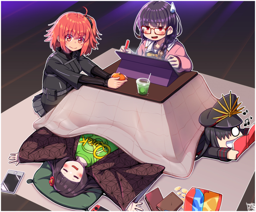 3girls, black_hair, book, braid, cellphone, chips_(food), cup, disposable_cup