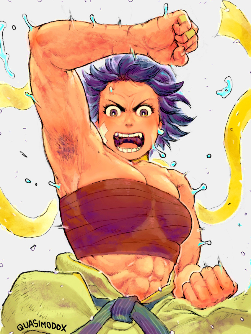 1girl, abs, absurdres, armpit_hair, armpits, belt, black_belt, black_hair