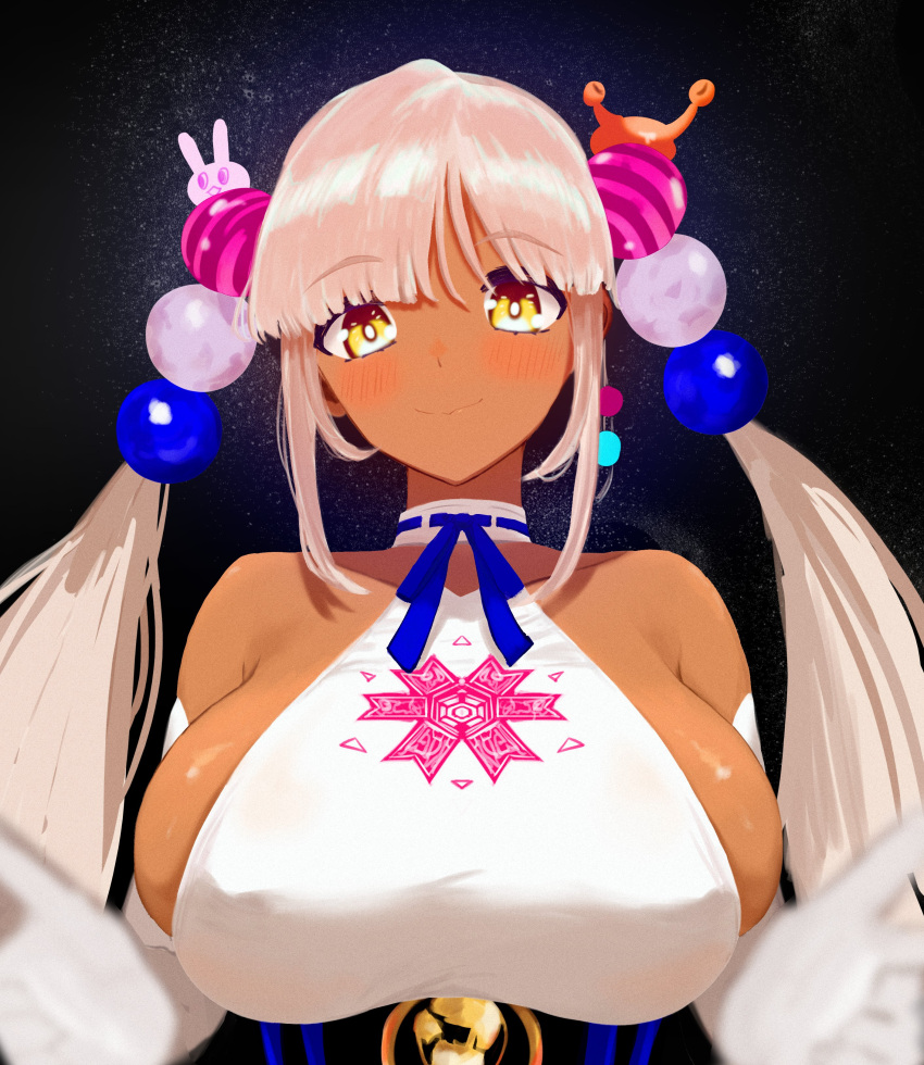 1girl, absurdres, artist_request, blonde_hair, breasts, dark-skinned_female, dark_skin, elbow_gloves