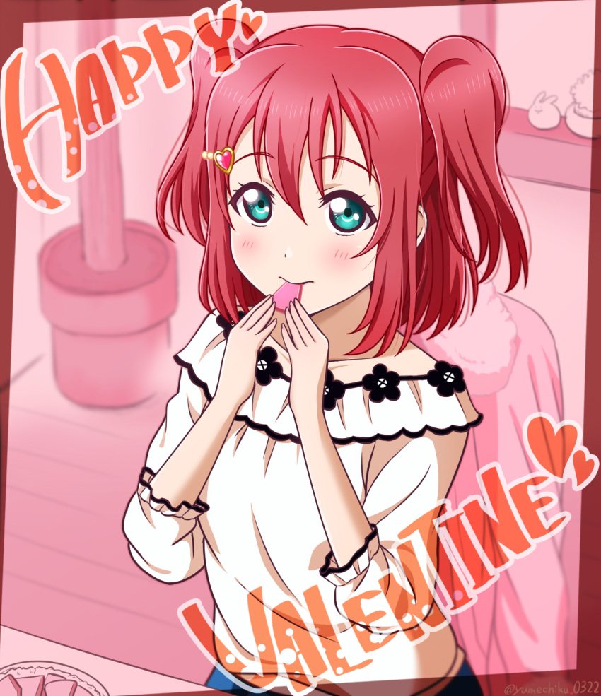 1girl, blue_eyes, blush, collarbone, eating, hair_between_eyes, hair_ornament, happy_birthday