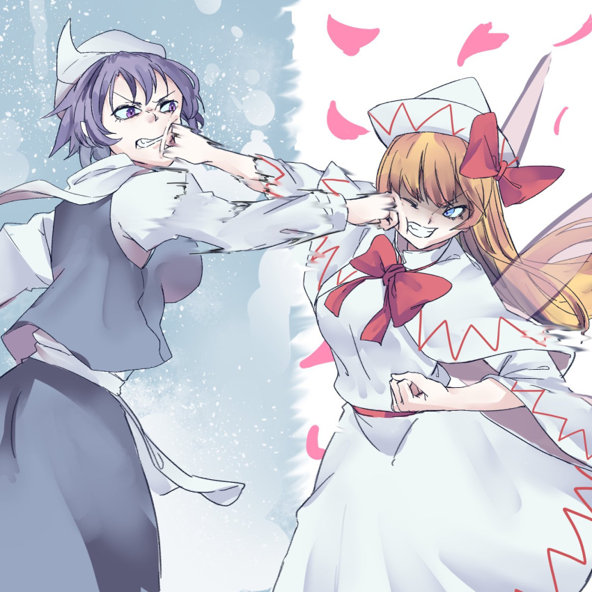 angry, battle, blue_eyes, bow, breasts, capelet, cherry_blossoms, clenched_hands