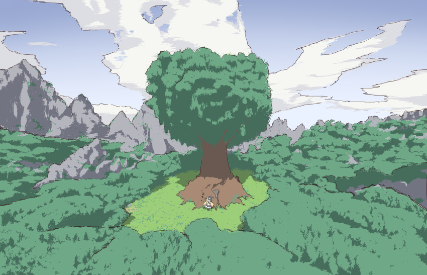 1girl, black_dress, blonde_hair, broom, clouds, day, dress, forest