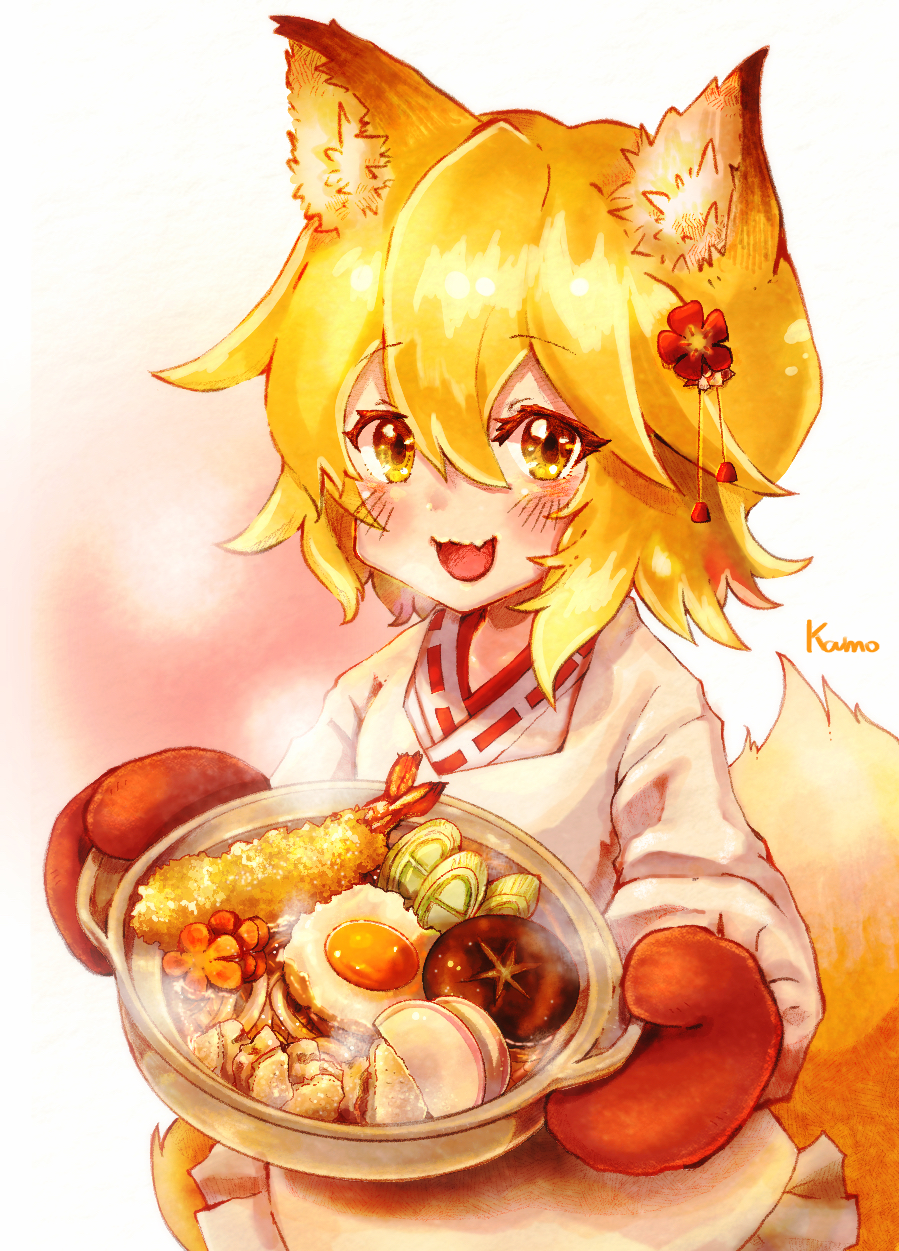 1girl, :d, animal_ear_fluff, animal_ears, apron, blonde_hair, blush, cabbage