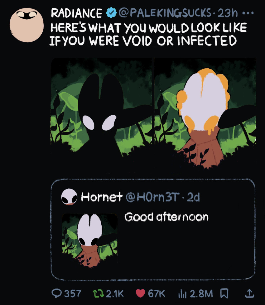 1girl, alicezakat, arthropod_girl, black_eyes, cloak, english_text, highres, hollow_knight, hornet_(hollow_knight), looking_at_viewer, meme, no_humans, radiance_(hollow_knight), red_cloak, tweet, twitter, white_eyes, yellow_eyes