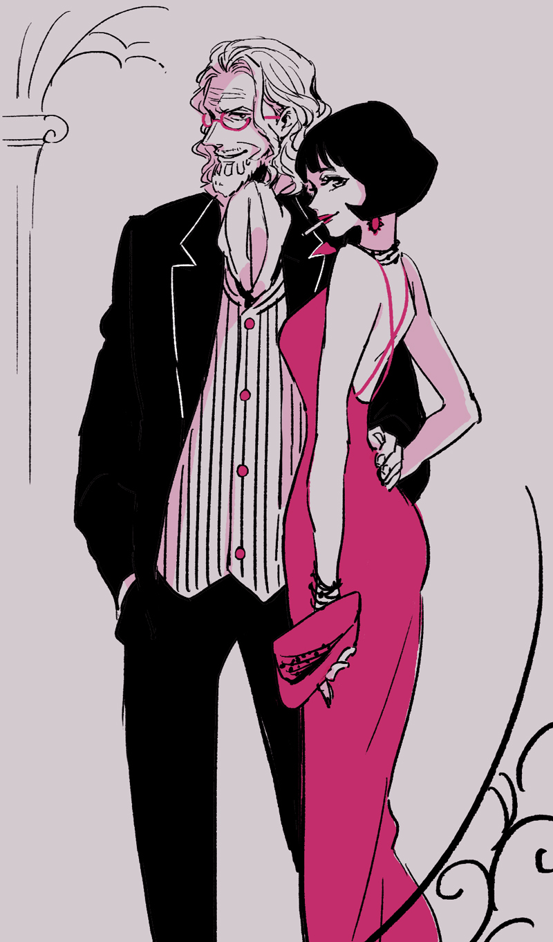 1boy, 1girl, ascot, bag, beard, black_hair, blunt_bangs, bracelet, cigarette, cowboy_shot, dress, earrings, english_commentary, facial_hair, glasses, hair_slicked_back, hatch_(8cco), highres, holding, holding_bag, jacket, jewelry, long_dress, long_hair, looking_at_viewer, necklace, one_piece, pants, profile, shakuyaku_(one_piece), short_hair, sidelocks, silvers_rayleigh, waistcoat