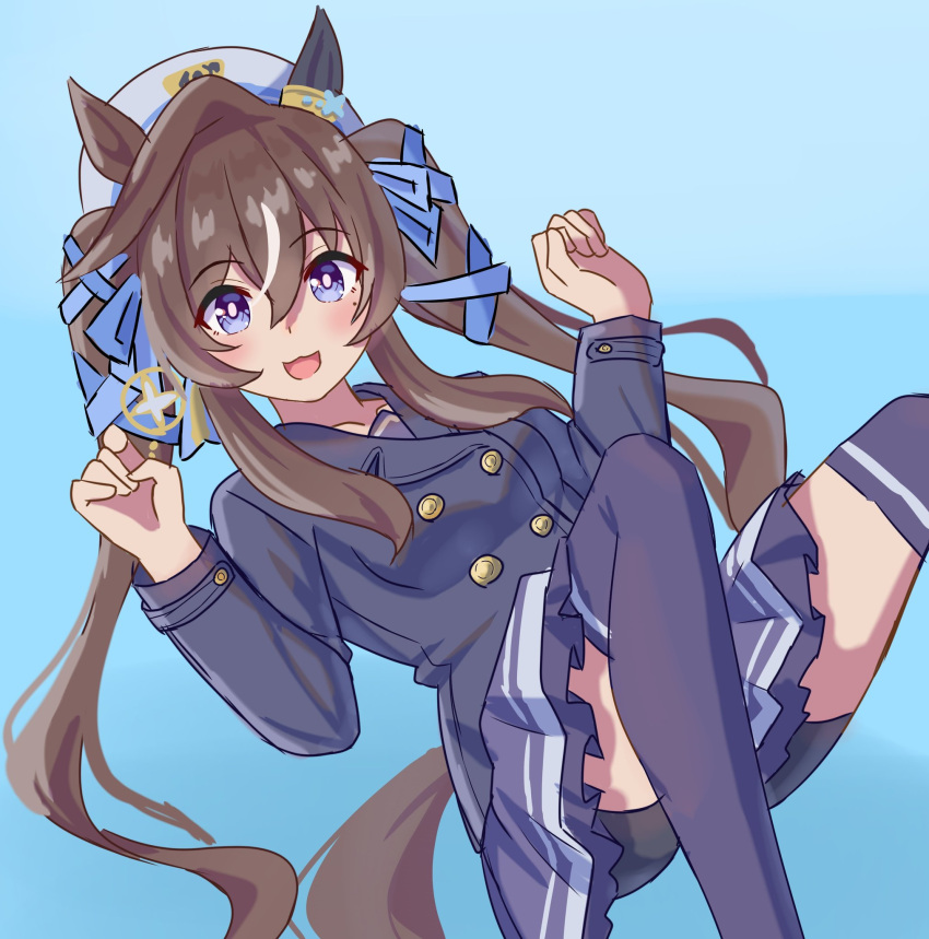 1girl, :3, animal_ears, blue_eyes, blue_ribbon, brown_hair, coat, ear_covers