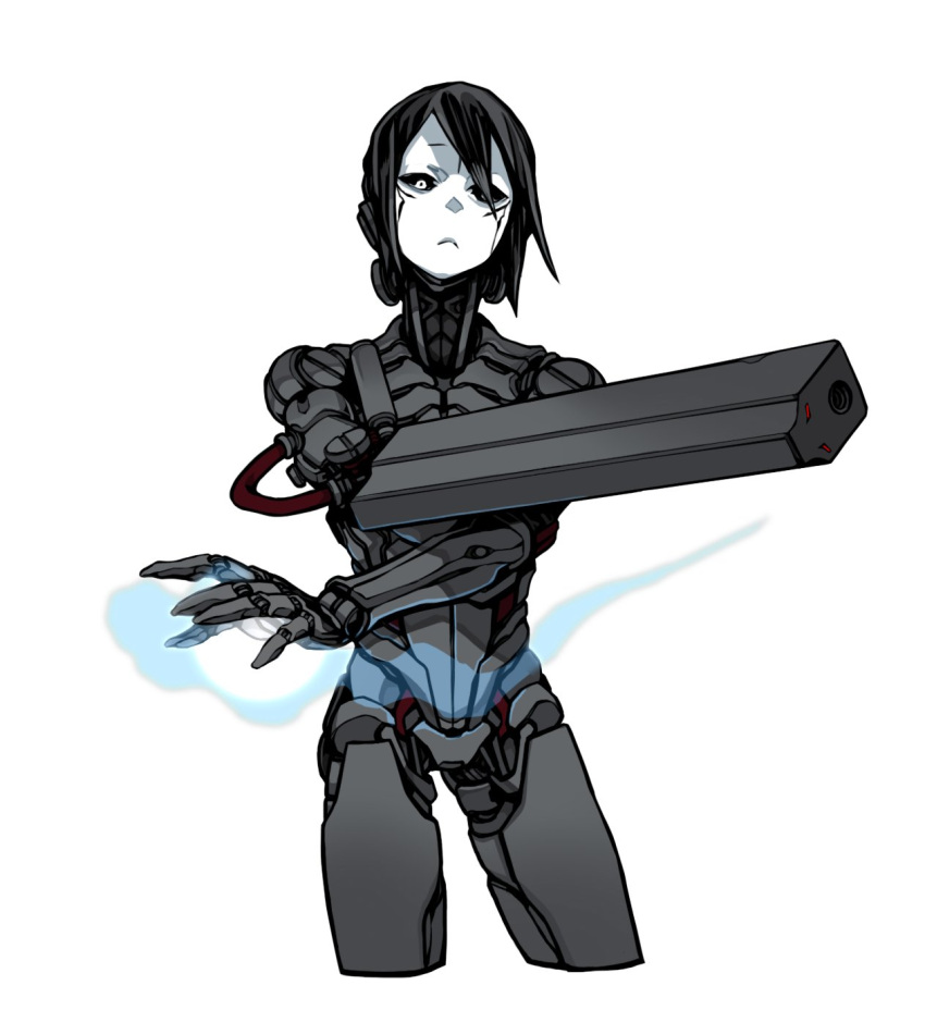 1girl, android, arm_cannon, aura, black_sclera, blame!, cable, colored_sclera